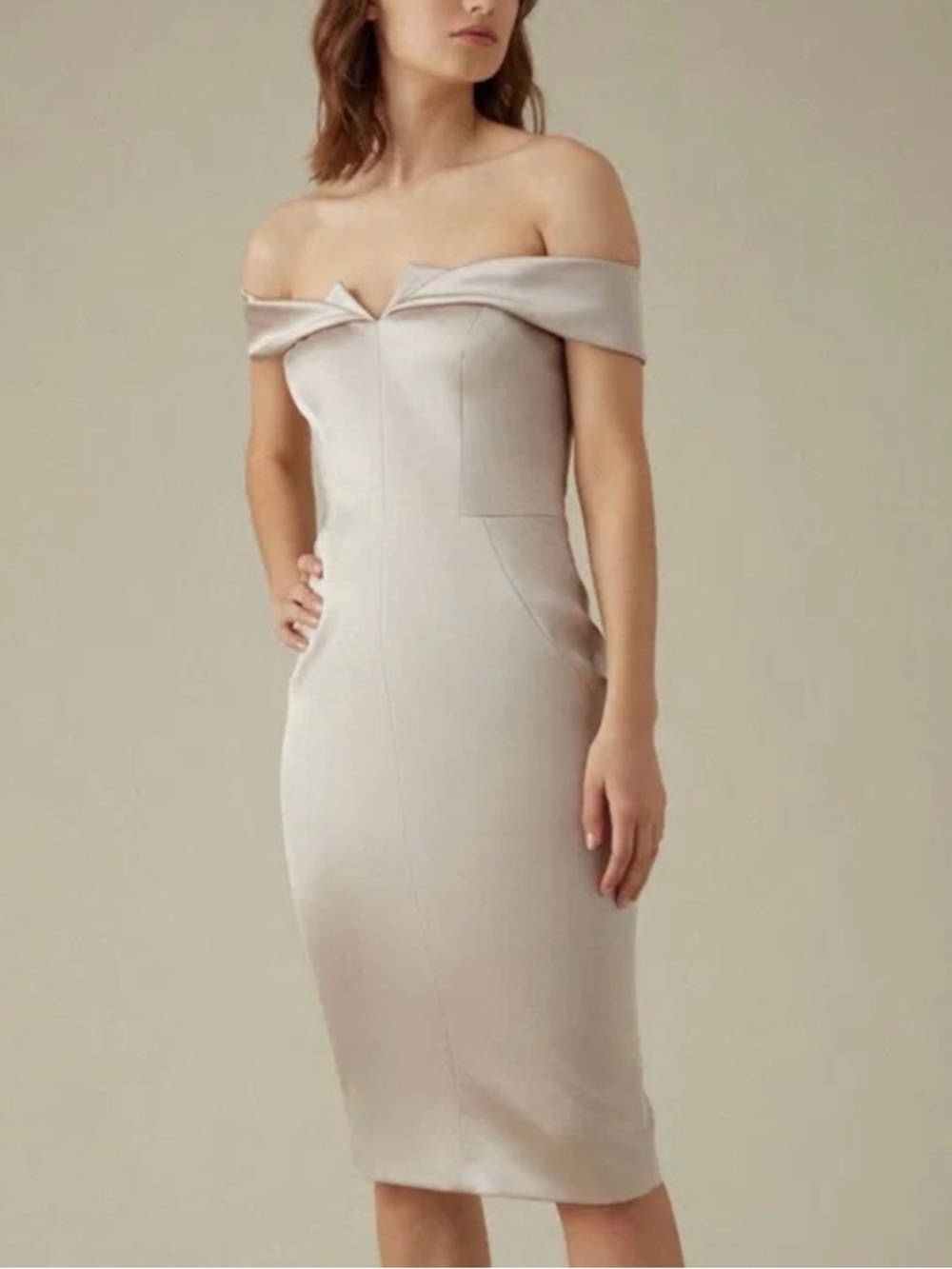 NWT KAREN MILLEN CHAMPAGNE OFF THE SHOULDER FITTED PENCIL COCKTAIL DRESS SIZE 4